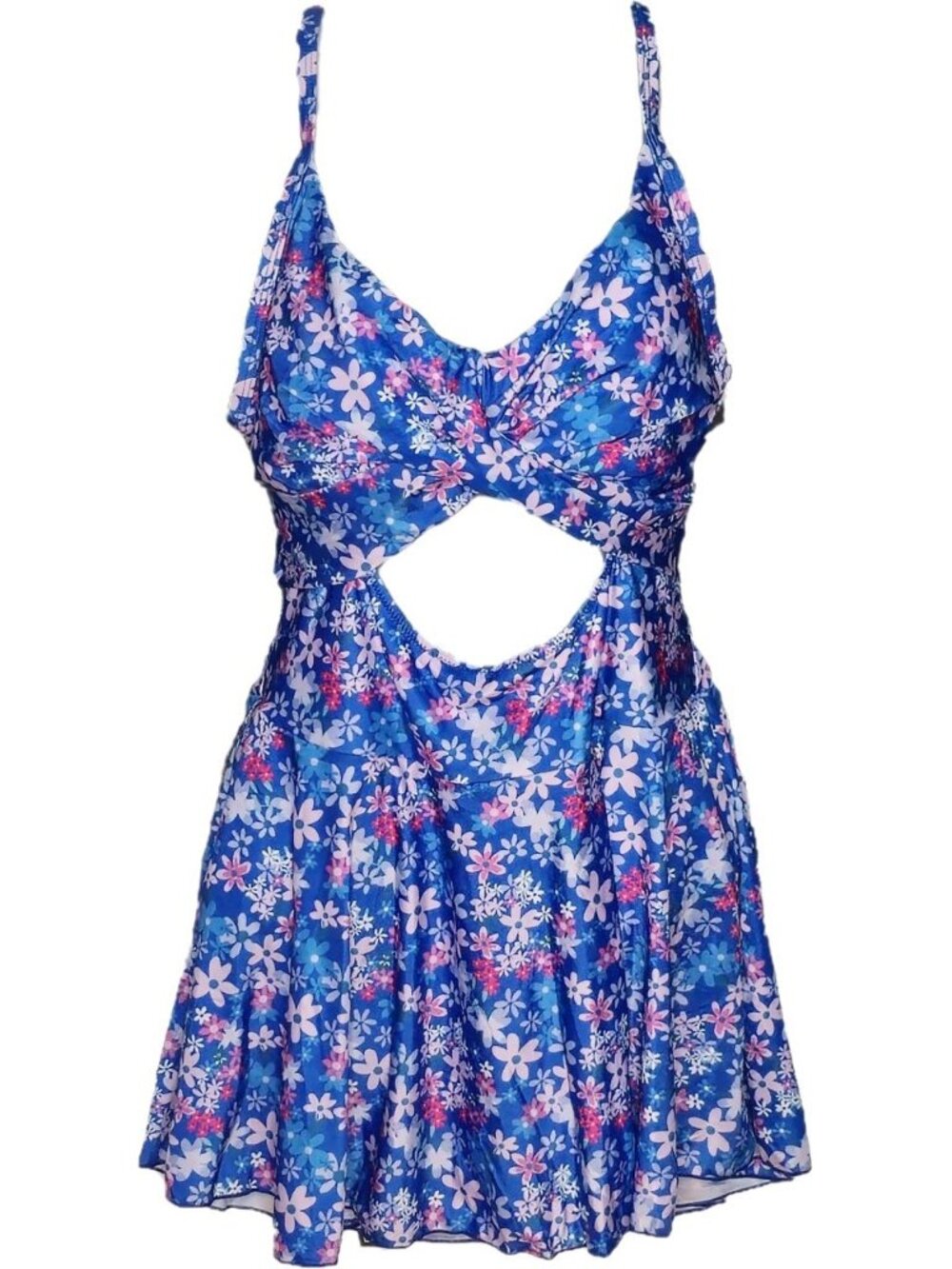 Plus Size Floral Cutout One Piece Swim Dress 2XL Blue Crisscross Straps Lined